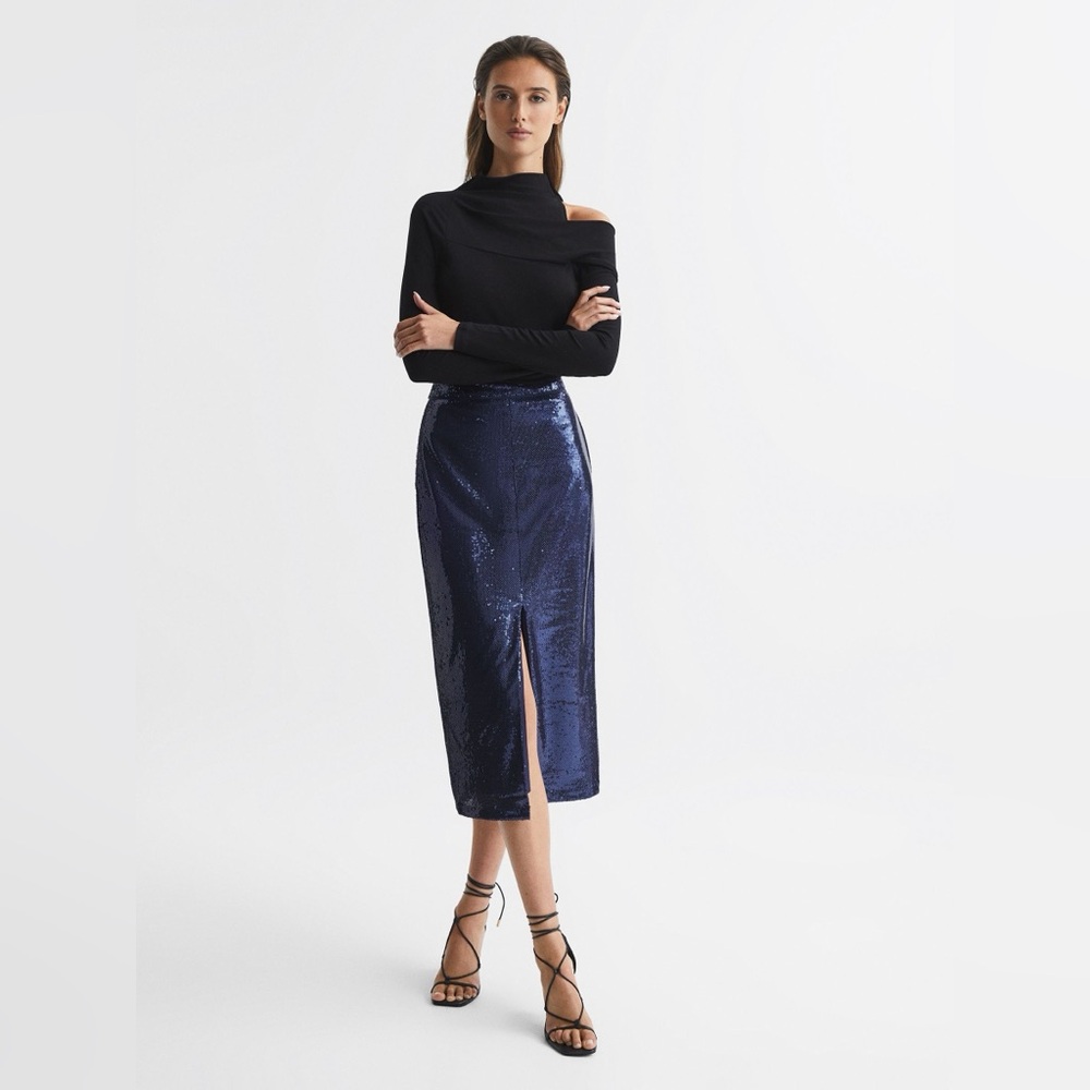 Reiss Dakota Sequin Navy Blue Pencil Skirt Size 8 NEW NWT